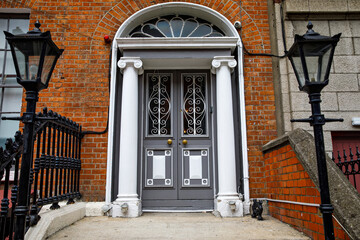 Colorful georgian doors in Dublin, Ireland. Historic doors in different colors painted as protest against English King George legal reign over the city of Dublin in Ireland