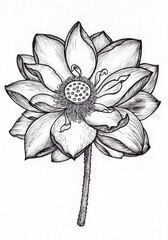 Hand drawn blooming Lotus isolated on white background, Monochrome drawing, Botanical illustration.