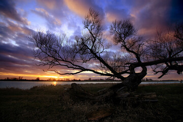 Colorful sunset by the Odra River, Poland.