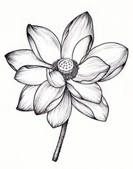 Monochrome blooming lotus drawing, Botanical illustration.