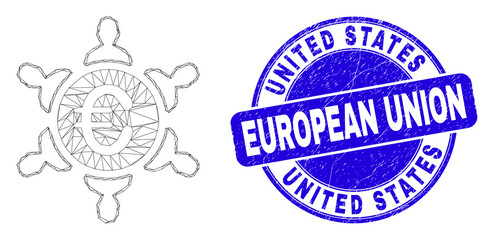 Web carcass euro people union icon and United States European Union seal stamp. Blue vector rounded scratched seal with United States European Union phrase.