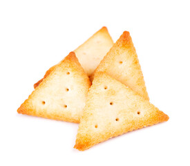 Cracker isolated on white background. Dry cracker cookies isolated. Salty snacks isolated. Top view.