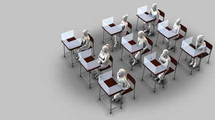 Fototapeta na wymiar many school desks with plexiglass separators - students Dx - 3D models illustration on a white background