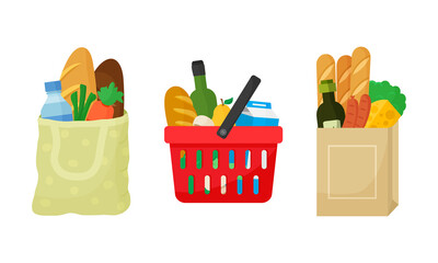 Grocery purchase set. Textile bag, shopping basket and paper package with products. Foods and drinks, vegetables and fruits. Vector illustration