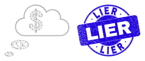 Web mesh financial dream clouds icon and Lier stamp. Blue vector rounded grunge seal stamp with Lier message. Abstract frame mesh polygonal model created from financial dream clouds icon.
