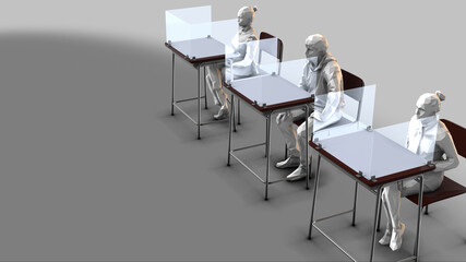 Fototapeta na wymiar Three school desks with plexiglass dividers - students Dx - 3D models illustration on a white background