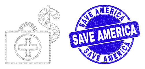 Web mesh Financial medical case pictogram and Save America watermark. Blue vector rounded grunge seal stamp with Save America text.