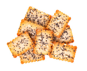 Square poppy seeds and sesame crackers isolated on white background. Dry cracker cookies isolated....