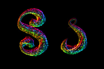 S - handwritten capital and amall letter made of multicolored luminous circles isolated on black background. Part of Alphabet series