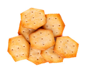Cracker isolated on white background. Dry cracker cookies isolated. Salty snacks isolated. Top view.