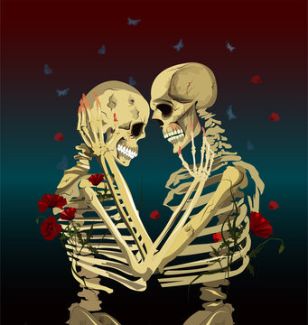skeletons hug. The vector illustration is shown on a beautiful gradient.
