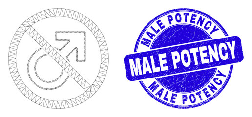 Obraz premium Web carcass forbidden male symbol pictogram and Male Potency stamp. Blue vector round grunge seal stamp with Male Potency message.