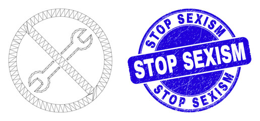 Web mesh forbidden repair icon and Stop Sexism seal stamp. Blue vector round distress seal stamp with Stop Sexism title. Abstract carcass mesh polygonal model created from forbidden repair pictogram.
