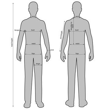 Silhouttes of man with measurement lines of body parameters .