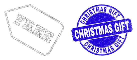 Web carcass free tag pictogram and Christmas Gift seal stamp. Blue vector round scratched seal with Christmas Gift text. Abstract carcass mesh polygonal model created from free tag pictogram.
