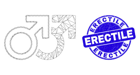 Web mesh gay pair symbol icon and Erectile seal stamp. Blue vector rounded distress stamp with Erectile message. Abstract carcass mesh polygonal model created from gay pair symbol icon.