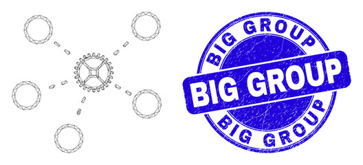 Web carcass gear links icon and Big Group seal stamp. Blue vector rounded scratched stamp with Big Group phrase. Abstract carcass mesh polygonal model created from gear links icon.