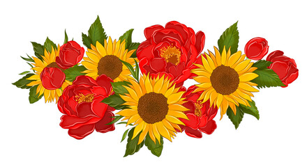 bouquet of red peonies and yellow sunflowers