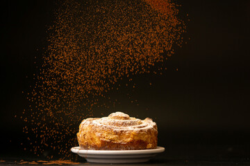Cinnamon is sprinkling over fresh bundt cake. Cinnamon falls down, freezing motion. Copy space, black background. Bakery concept. 