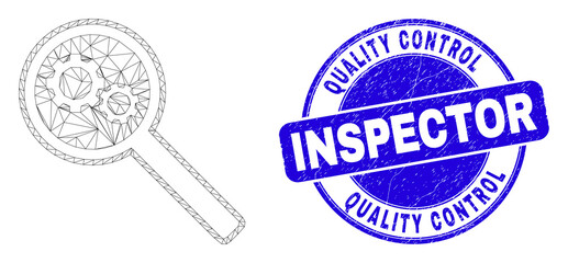Web mesh gears audit icon and Quality Control Inspector seal. Blue vector rounded scratched seal with Quality Control Inspector message.