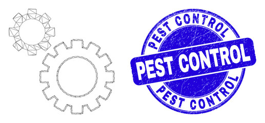 Web carcass gears pictogram and Pest Control stamp. Blue vector rounded scratched stamp with Pest Control title. Abstract carcass mesh polygonal model created from gears pictogram.