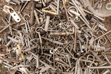 old rusty nails. Sepia toned photo. Metal fasteners assortment. Fasteners fittings