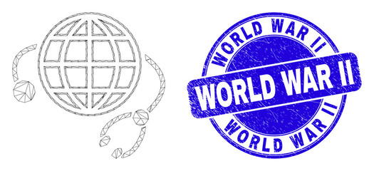 Web mesh global medical service icon and World War Ii seal stamp. Blue vector rounded scratched seal stamp with World War Ii message.