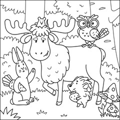 Cute animals in the forest. Coloring book for children. Cartoon vector illustration.