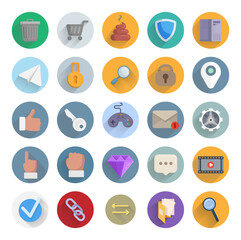 web flat icon set with long shadow with like icon, lock, PC, computer, map pin, gamepad, folder, shit, check icon