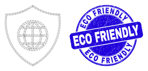 Web mesh global shield pictogram and Eco Friendly watermark. Blue vector round distress watermark with Eco Friendly title. Abstract frame mesh polygonal model created from global shield pictogram.