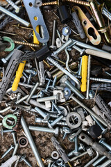 nuts and bolts. set of tools. Work tools industrial background for Fathers Day. Assorted metalware flat lay