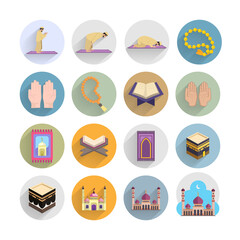 Muslim islam prayer flat icon set with long shadow. with mosque, koran, hadj, kaaba, carpet