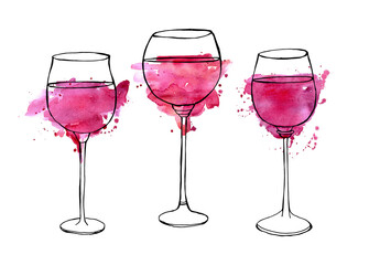 A set of watercolor drawings of glass of rose, red, and white wine with splashes of paint, on white background