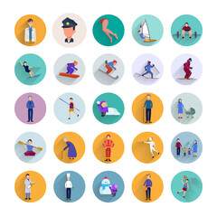 people character flat icon set with long shadow with doctor. cyclotourism. fireman, people, gymnastics. police