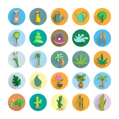 Fototapeta na wymiar plan flat icon set with long shadow with bamboo, tree, flower, marijuana, leaf, palm, watering can