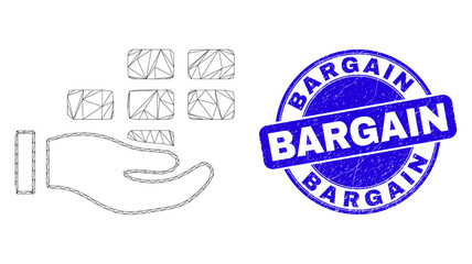 Web carcass hand offer bricks pictogram and Bargain seal stamp. Blue vector rounded textured seal stamp with Bargain title. Abstract frame mesh polygonal model created from hand offer bricks icon.