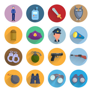 weapon flat icon set with long shadow Police water, pistol, gun. binoculars. shield, bomb, hand grenade, handcuffs