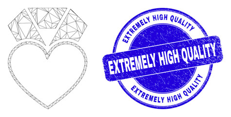 Web mesh heart award pictogram and Extremely High Quality seal. Blue vector round scratched seal stamp with Extremely High Quality title.