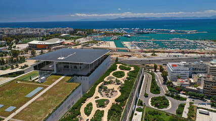 Aerial drone photo of famous public landmark Cultural Centre and Foundation Park od Stavros Niarhos in Faliro or Phaliro area, Athens riviera, Attica, Greece