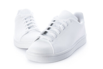 Pair of stylish sneakers isolated on white background. White casual shoes