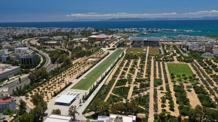 Aerial drone photo of famous public landmark Cultural Centre and Foundation Park od Stavros Niarhos in Faliro or Phaliro area, Athens riviera, Attica, Greece