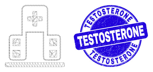 Obraz premium Web mesh hospital building pictogram and Testosterone seal stamp. Blue vector round textured seal with Testosterone message.