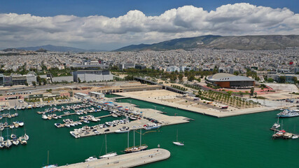 Aerial drone photo of famous Marina of Faliron with anchored yachts, Athens riviera, Attica, Greece