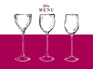 Wine menu design template - vector card with glasses. Wine menu banner, red and white poster. Hand-drawn illustration with doodle cartoon style