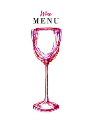Wine menu design template - vector card with glasses. Wine menu banner, red and white poster. Hand-drawn illustration with doodle cartoon style