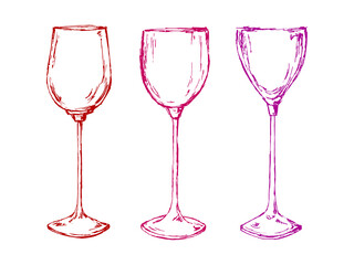 A set of drawings of glass on white background. Three empty hand-drawn wine glasses. Doodle cartoon style.