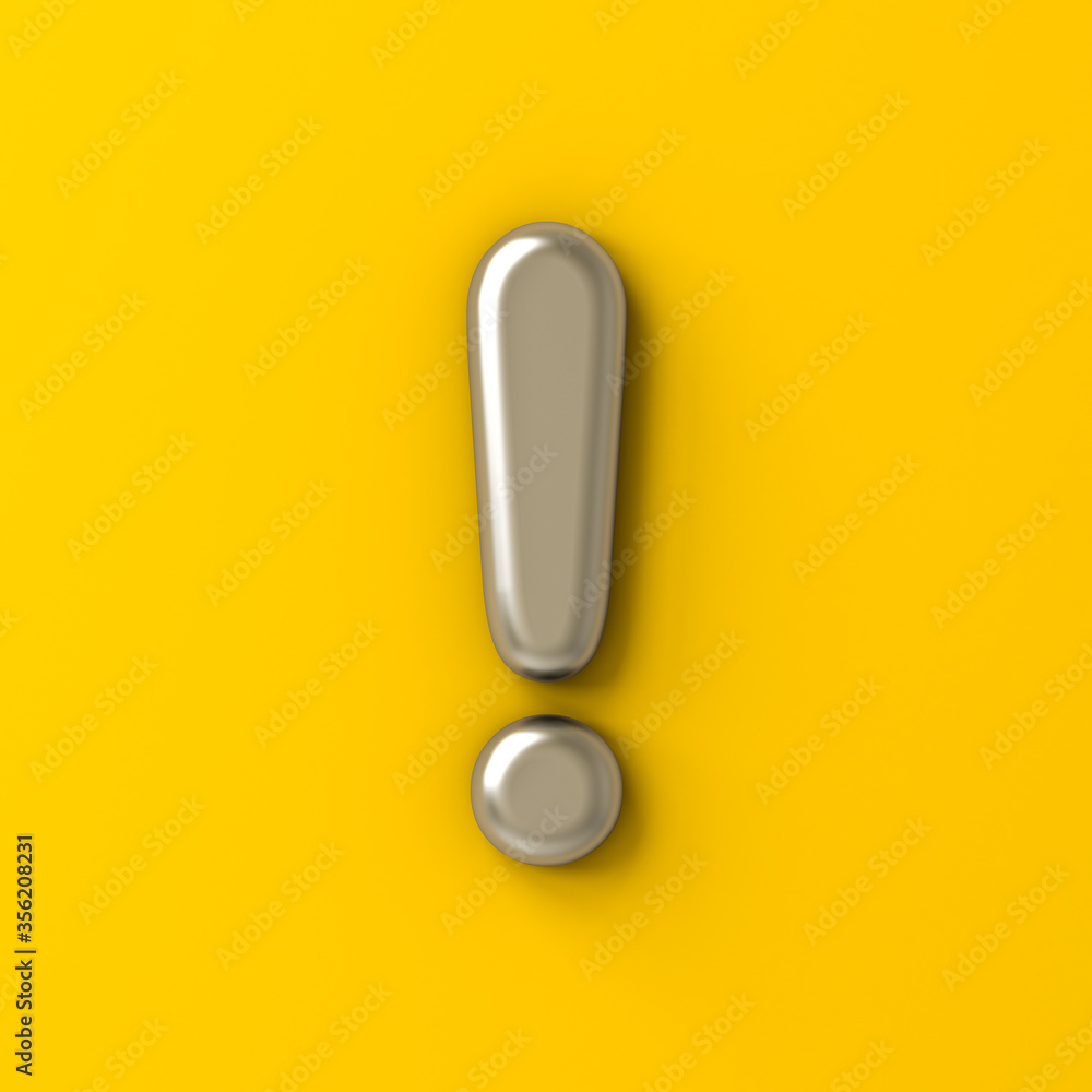 Poster metal silver chrome exclamation mark isolated on yellow color background with shadow 3d rendering