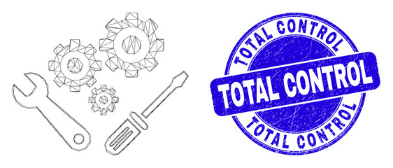 Web mesh instrumental tools icon and Total Control seal. Blue vector rounded textured seal with Total Control message. Abstract carcass mesh polygonal model created from instrumental tools pictogram.