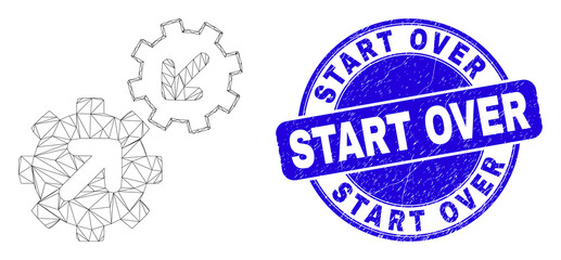 Web mesh integration gears pictogram and Start Over seal stamp. Blue vector round grunge seal stamp with Start Over message.