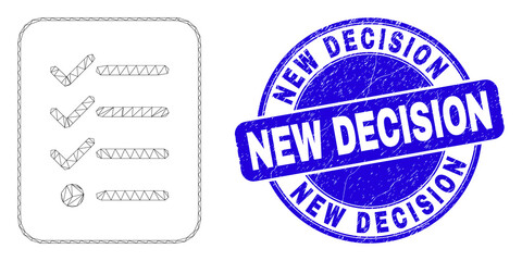 Web carcass items list page pictogram and New Decision seal stamp. Blue vector rounded textured seal with New Decision text.
